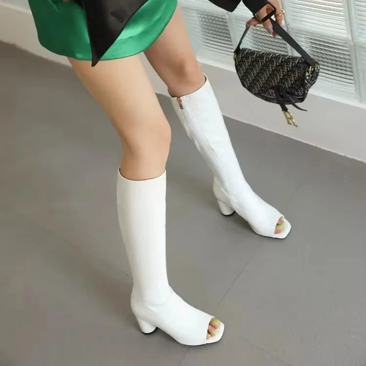 Bottes hautes en cuir verni à bout ouvert pour femmes