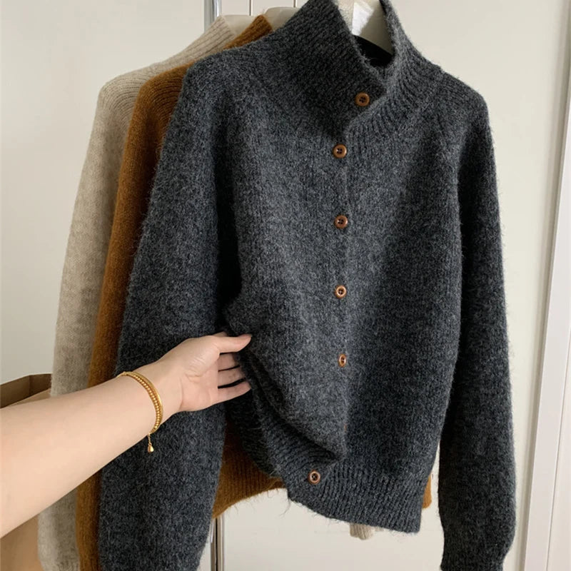 Cardigan décontracté à col mi-haut pour femmes