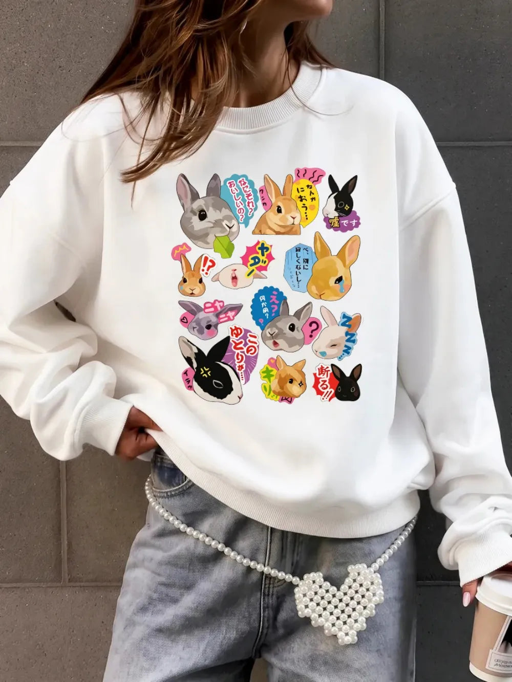 Sweat-shirts à imprimés lapins japonais pour femmes