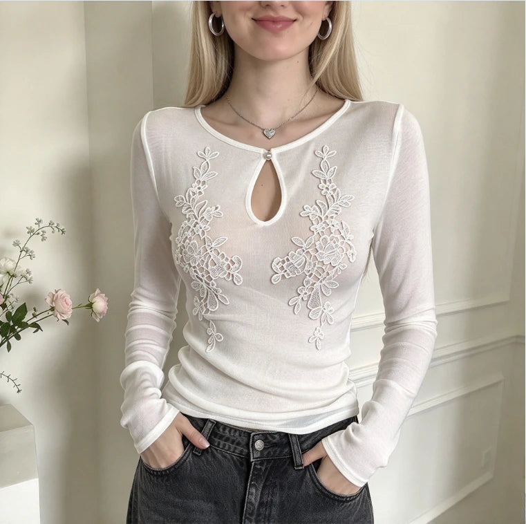 Haut Transparent Brodé Femme – Maille et Style Chinois