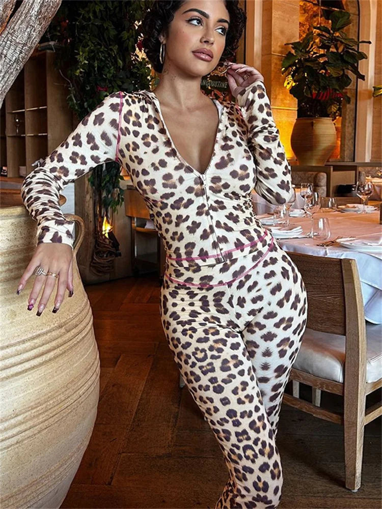 Ensemble 2 Pièces Imprimé haut court slim à capuche et pantalon taille haute contrastés pour femmes