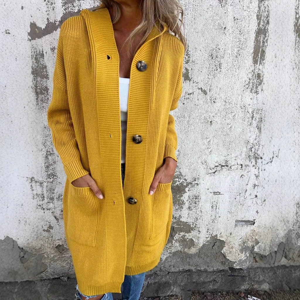 Cardigan long à poches et boutons pour femmes
