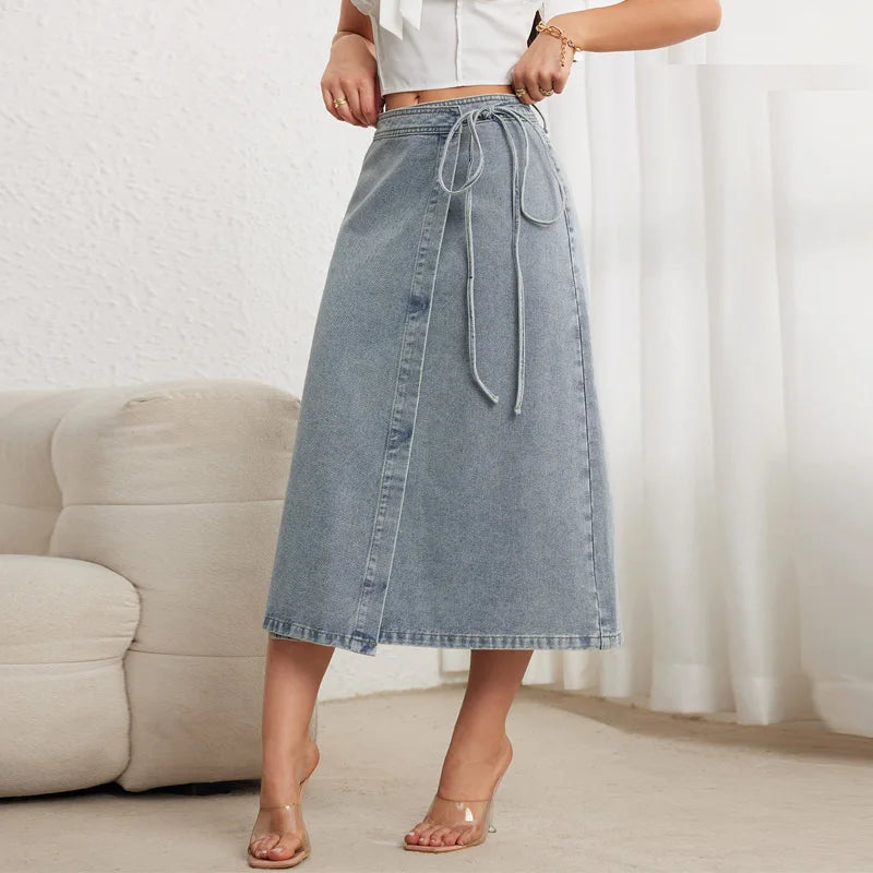 Jupe portefeuille vintage trapèze en jean pour femmes