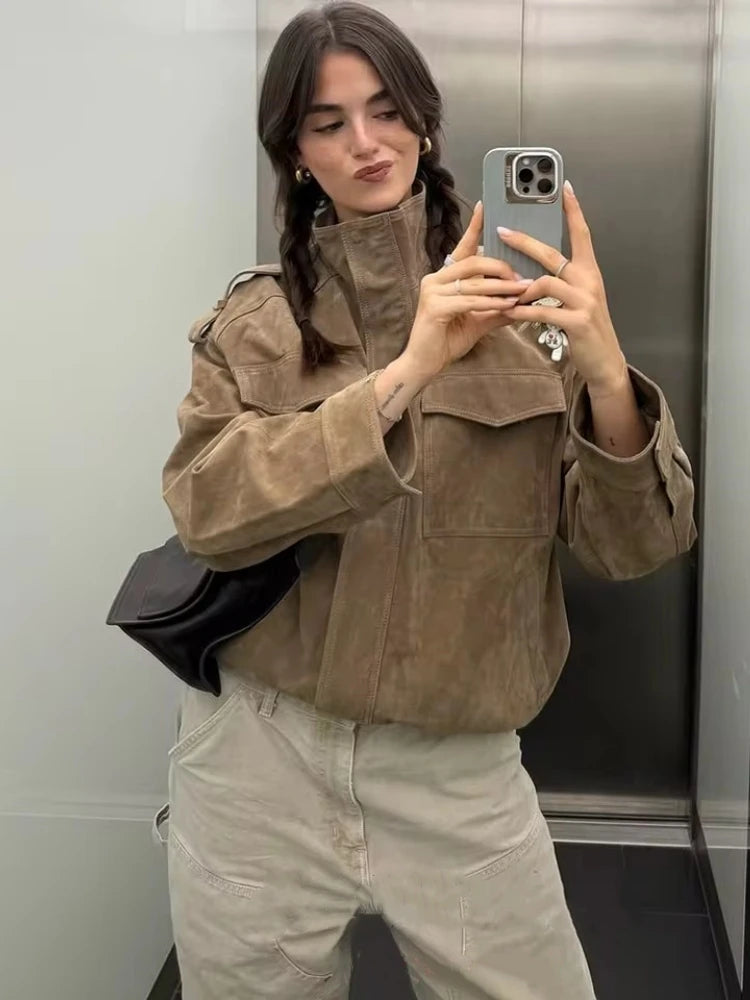 Veste d'hiver en cuir suédé kaki pour femmes