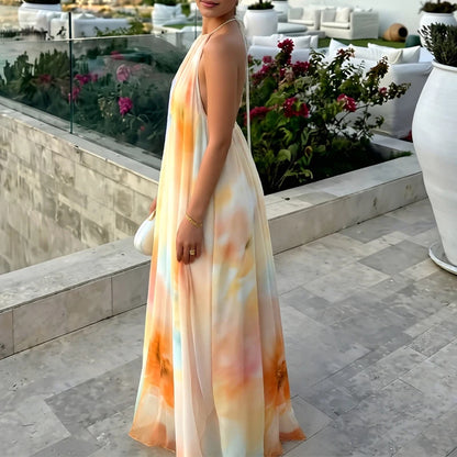 Robe longue tie-dye en maille froncée pour femme