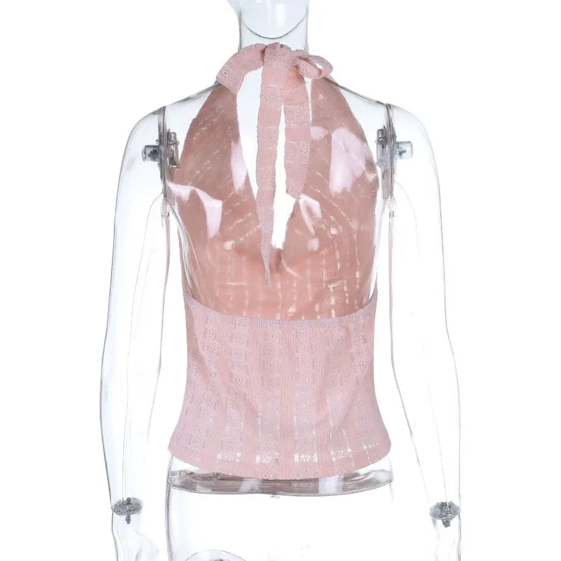 Top dos nu rose à col en V et lacets pour femmes