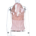 Top dos nu rose à col en V et lacets pour femmes