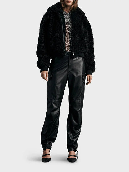 Pantalon Cargo Droit en Similicuir Mat à Poches
