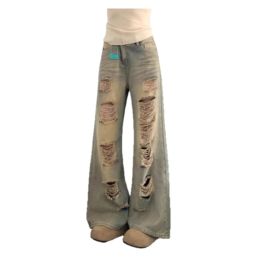 Jean en denim délavé et vieilli style rétro pour femmes