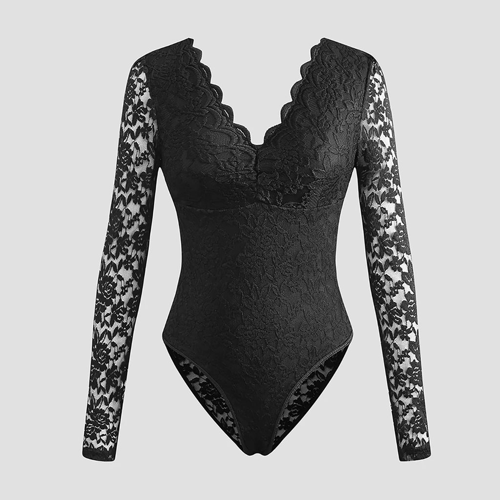 Body body transparent à manches longues et col en V pour femmes