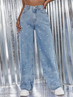Pantalon droit en jean à perles pour femmes