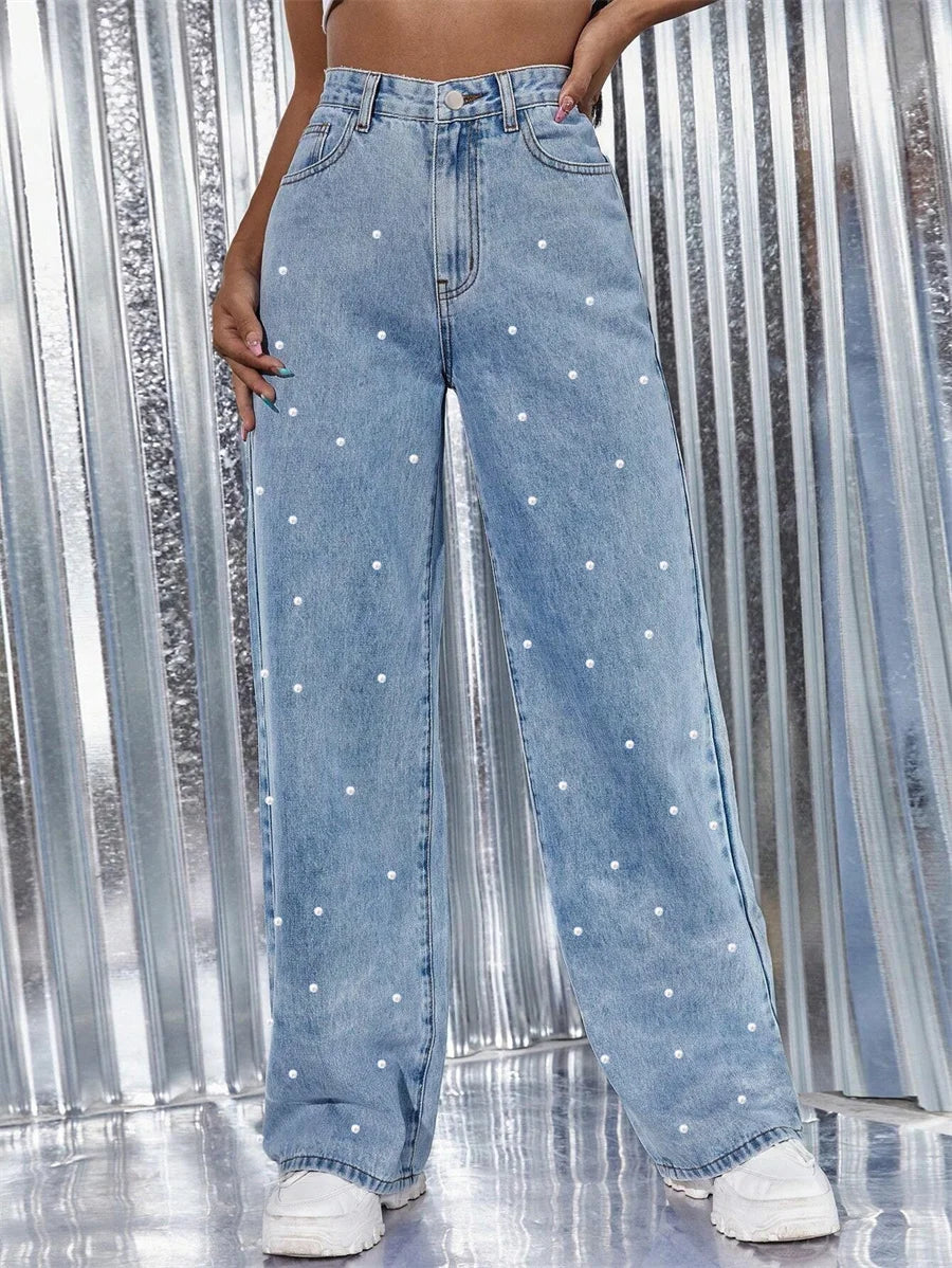 Pantalon droit en jean à perles pour femmes