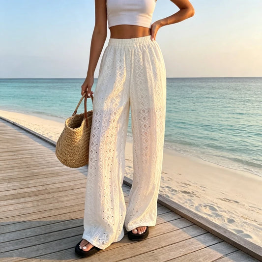 Pantalon Ajouré Femme – Broderies et Taille Élastique