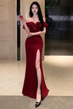 Robe de soirée rouge dos nu à volants pour femmes