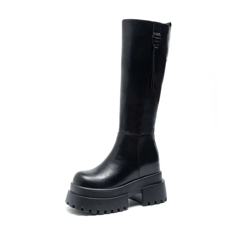 Bottes hautes en cuir véritable à plate-forme pour femmes