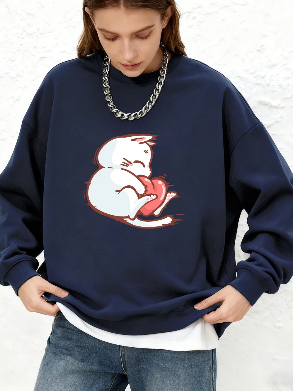 Sweat-shirt à imprimé chat et cœur rouge pour femmes