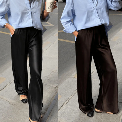 Pantalon Large Femme – Satin Beige Fluide