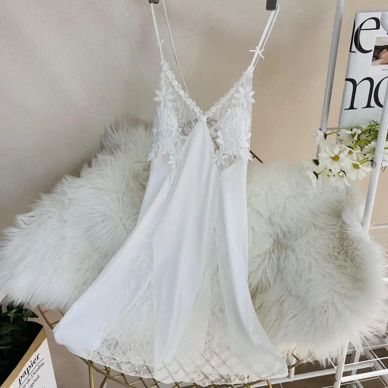 Robe de nuit Sexy en Satin ajouré et bretelles en dentelle pour femmes
