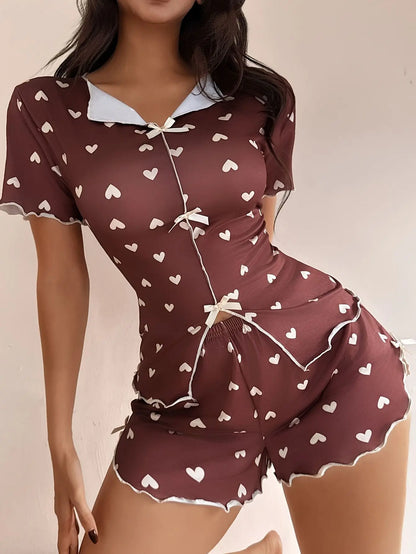 Pyjama d’Été Femme – Chemise et Short à Cœurs