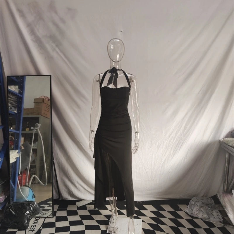 Robe longue sexy dos nu pour femme, style mode, avec lacets, sans manches, taille haute, fente cuisse haute, moulante, pour soirée et club