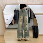 Jean déchiré taille haute à jambe large pour femmes