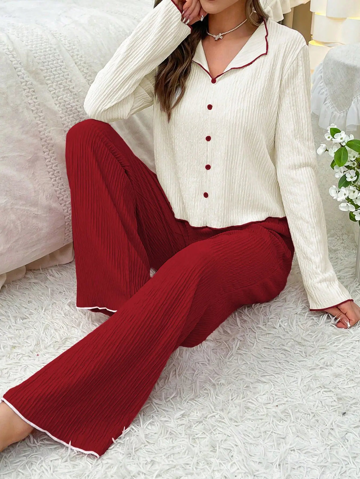 Pyjama Femme – Chemise Boutonnée à Col Revers et Pantalon