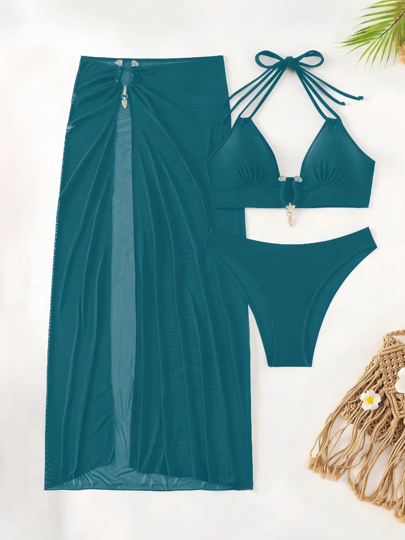 Maillot de bain bikini trois pièces avec bretelles à nouer autour du cou pour femmes