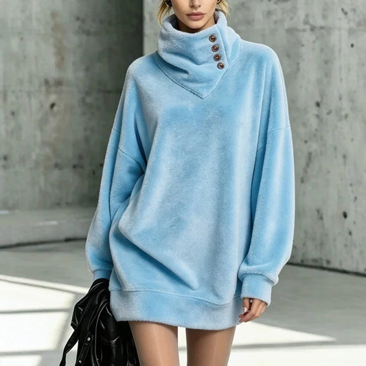 Sweat femme ample à col roulé et boutons