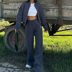 Ensemble cardigan court ample à fermeture éclair + pantalon de survêtement à cordon de serrage pour femmes