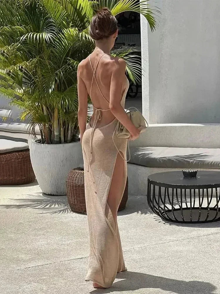 Robe de plage moulante sexy transparente en maille dos nu à lacets et fente pour femmes
