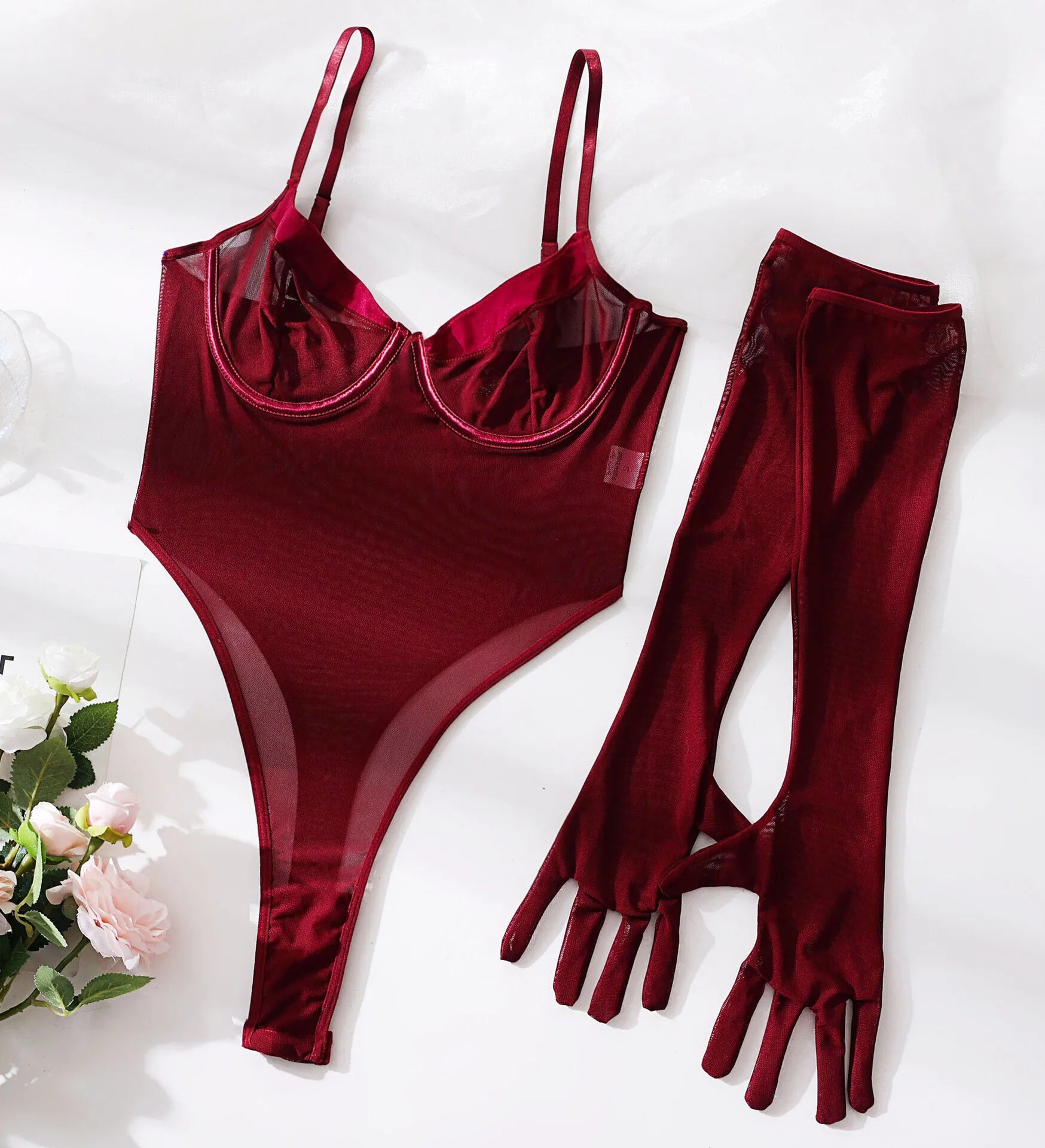 Body avec gants en dentelle et résille transparente pour femmes