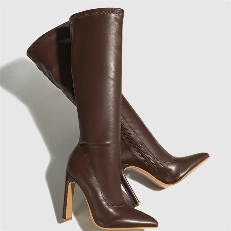 Bottes hautes à bout pointu et fermeture éclair pour femmes