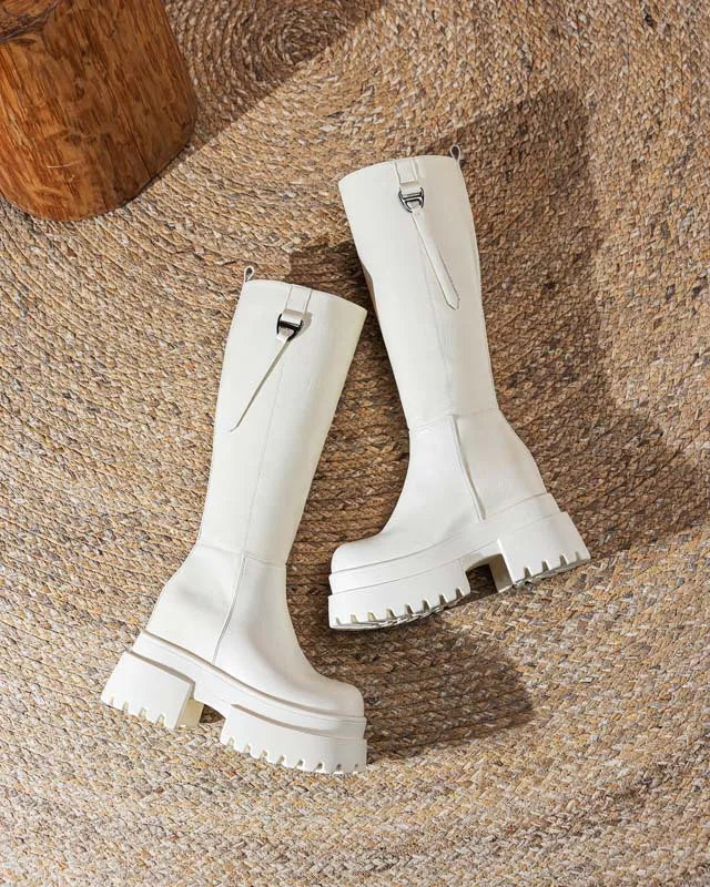 Bottes hautes en cuir véritable à plate-forme pour femmes