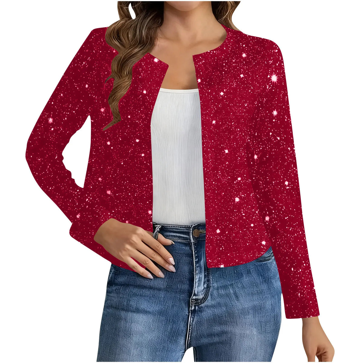 Cardigan Court Scintillant Femme – Col Rond et Manches Longues