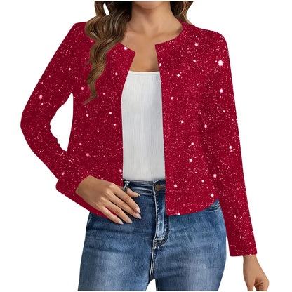 Cardigan Court Scintillant Femme – Col Rond et Manches Longues