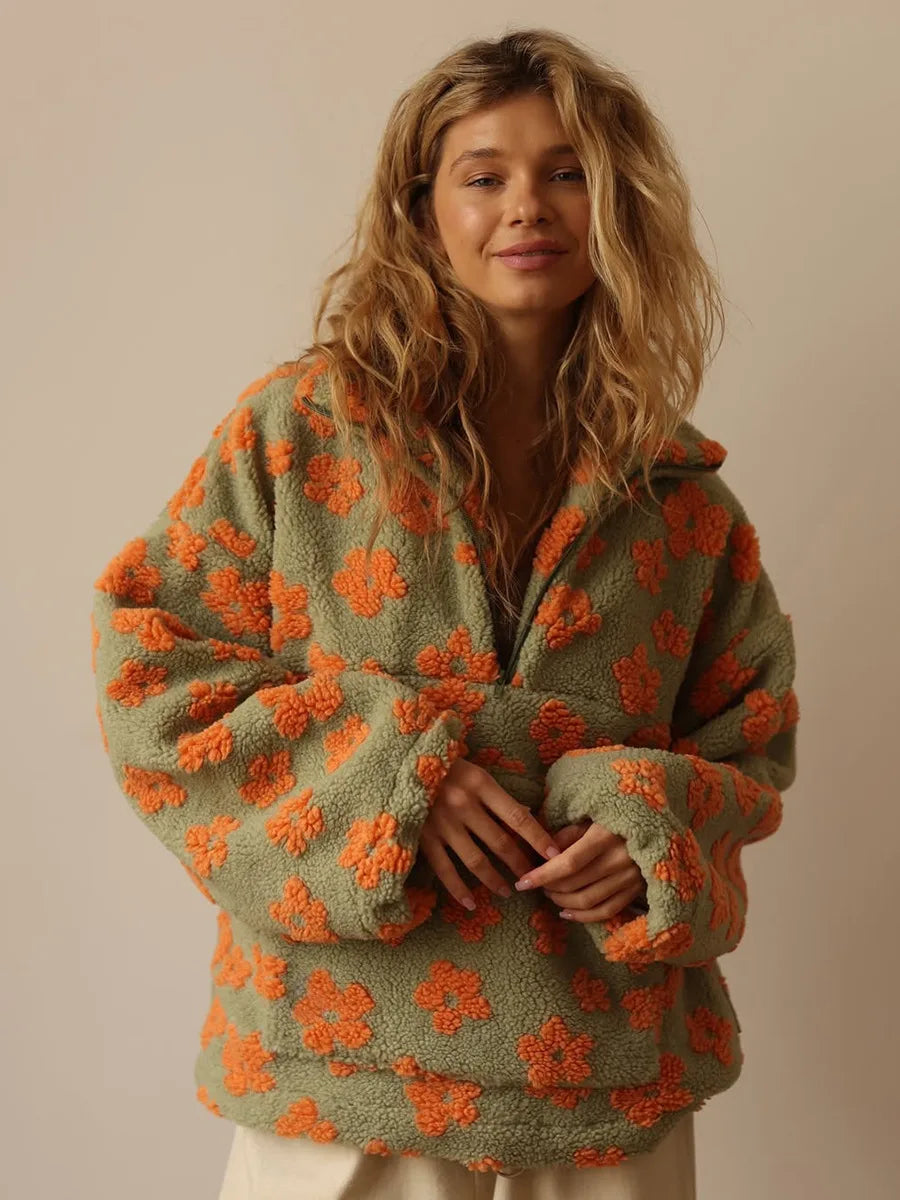 Sweat à Capuche Sherpa Femme – Fleurs et Demi-Zip
