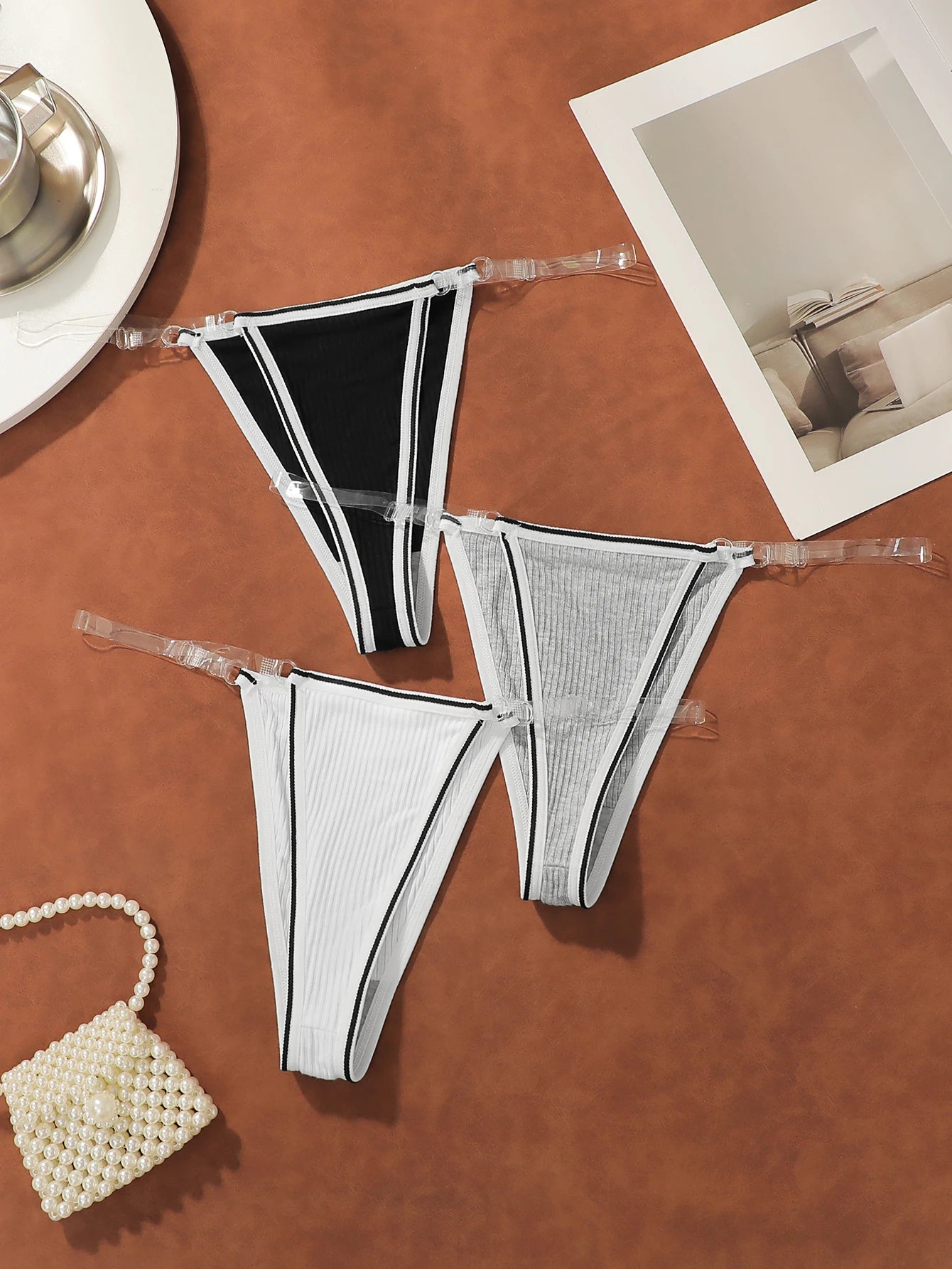 Ensemble de 3 pièces de string sexy multicolores contrastés pour femmes