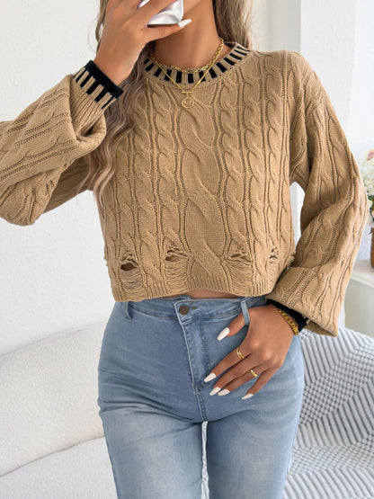 Pull Torsadé Femme – Bordures Contrastantes et Ourlet Effiloché