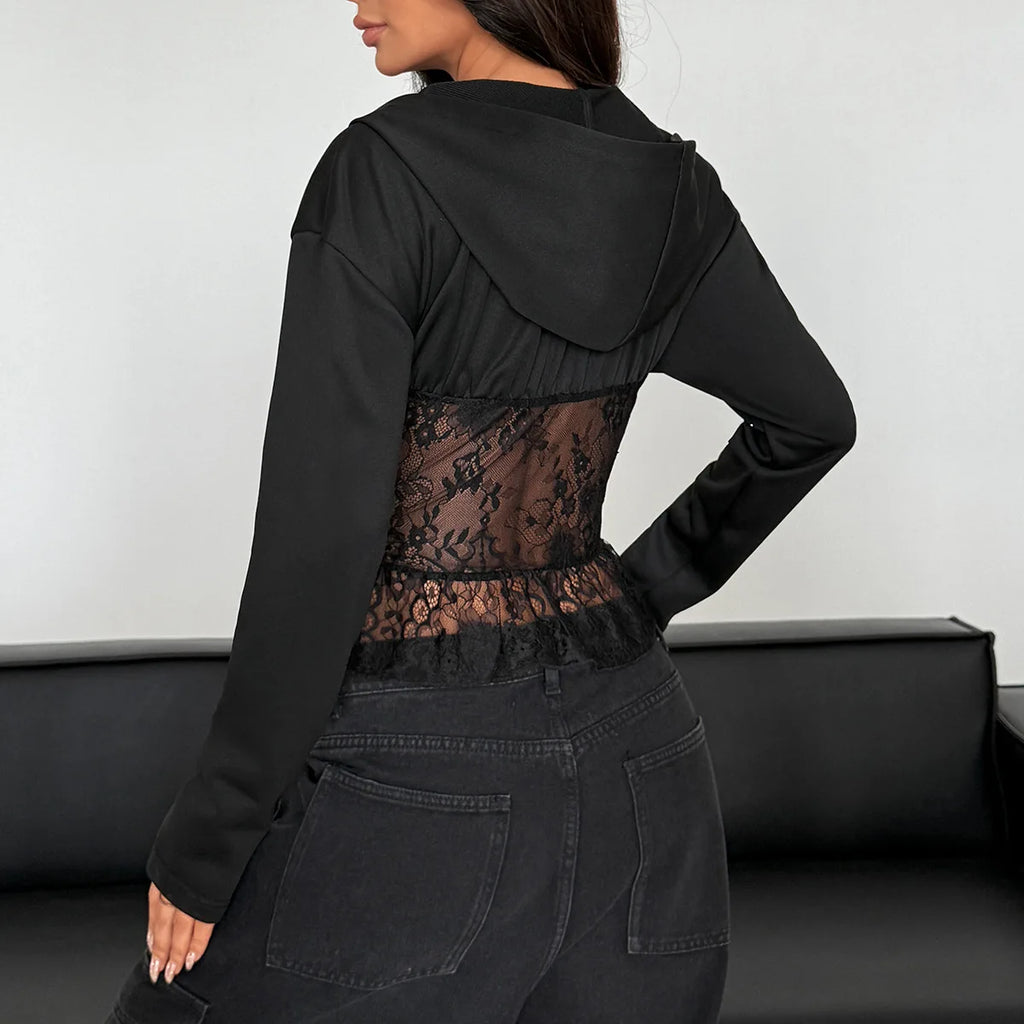 Veste à capuche en dentelle et fermeture éclair pour femmes