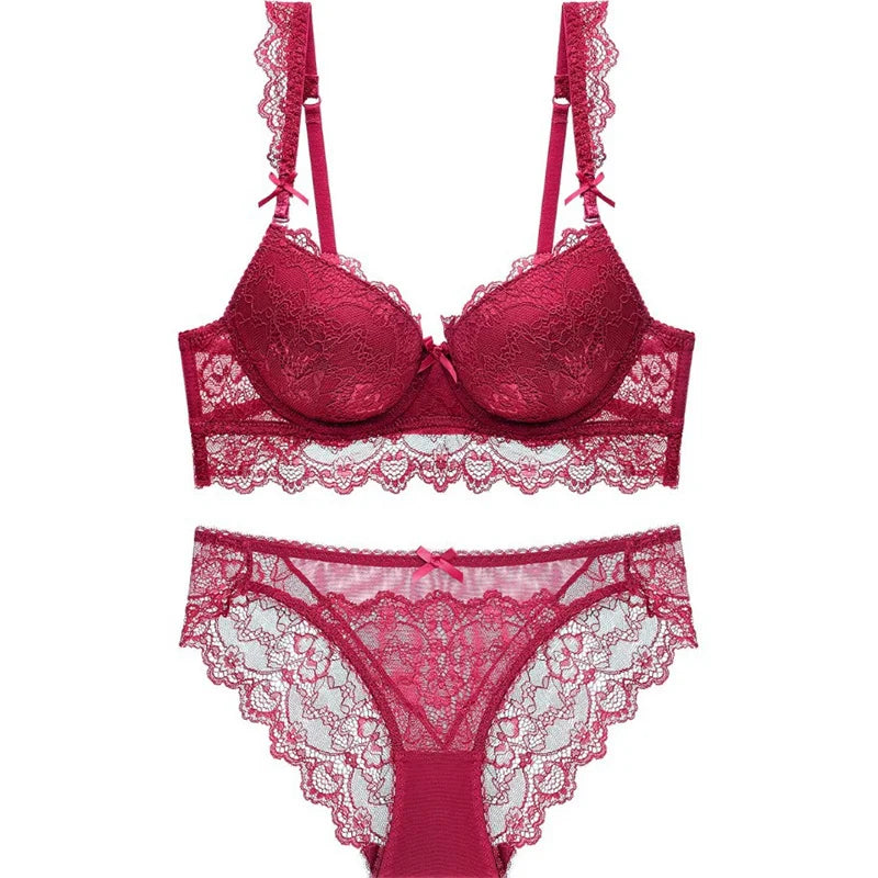 Ensemble soutien-gorge push-up en dentelle brodée et culotte pour femmes