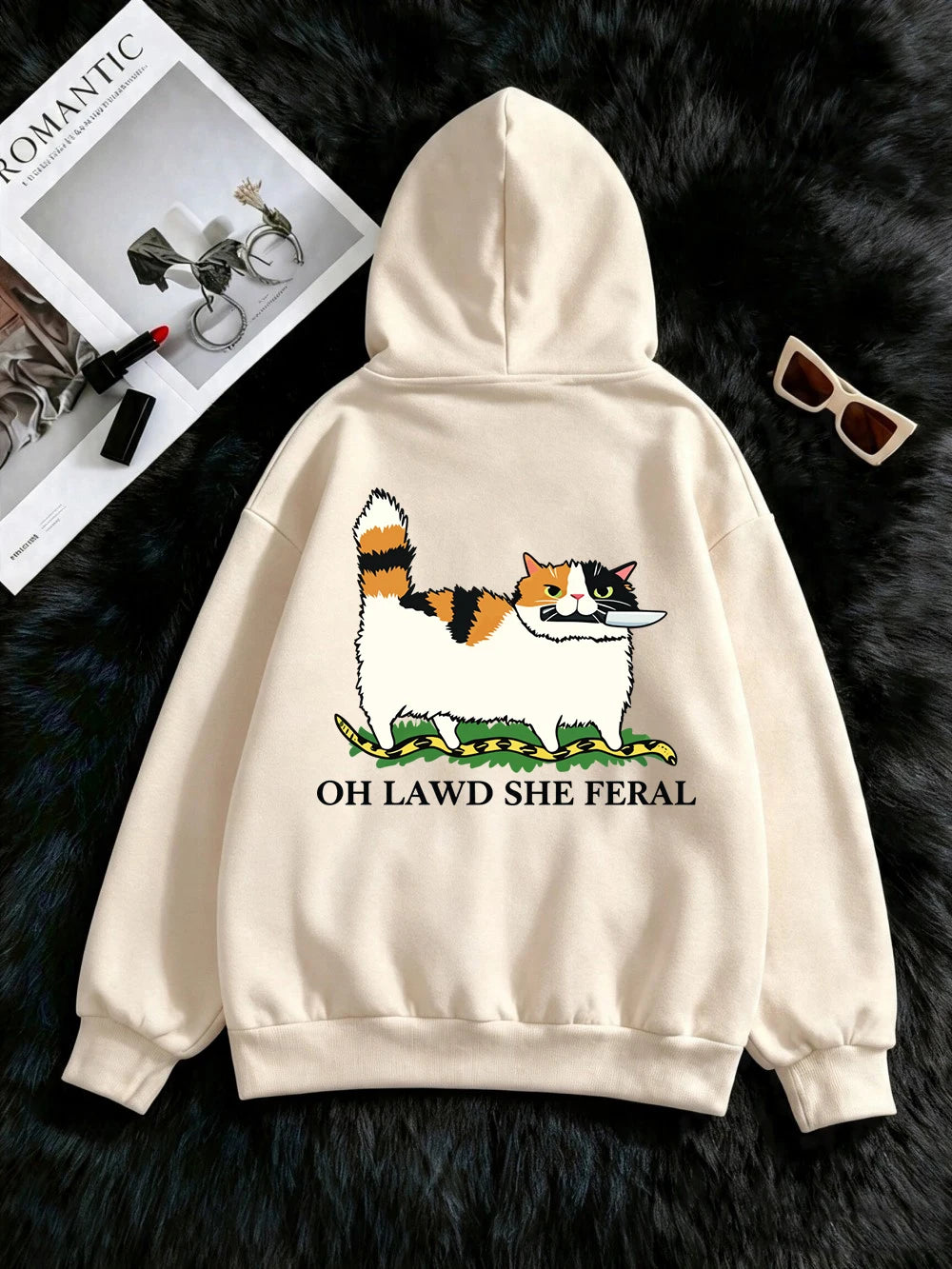 Sweat à capuche imprimé motif chat, couteau et serpent pour femmes