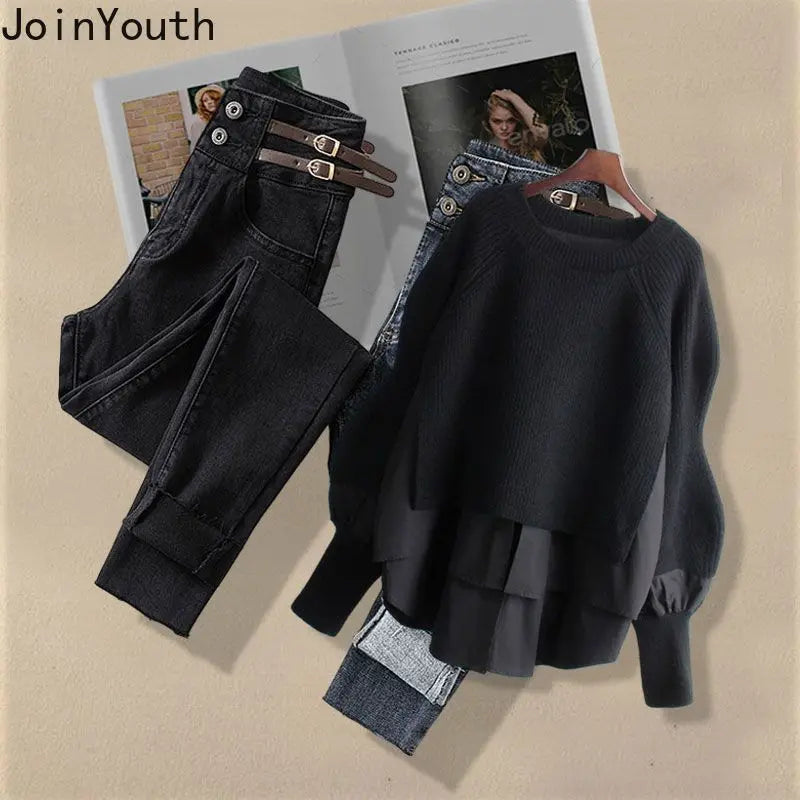 Ensemble deux pièces pulls en tricot et pantalon en jean coupe couvertes pour femmes