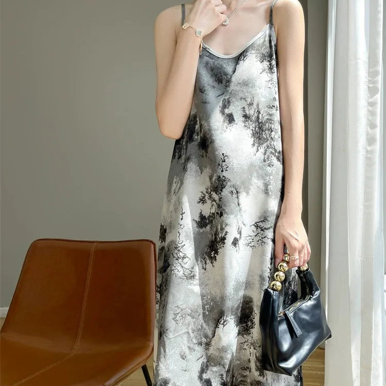 Robe à bretelles en satin à imprimé floral pour femmes