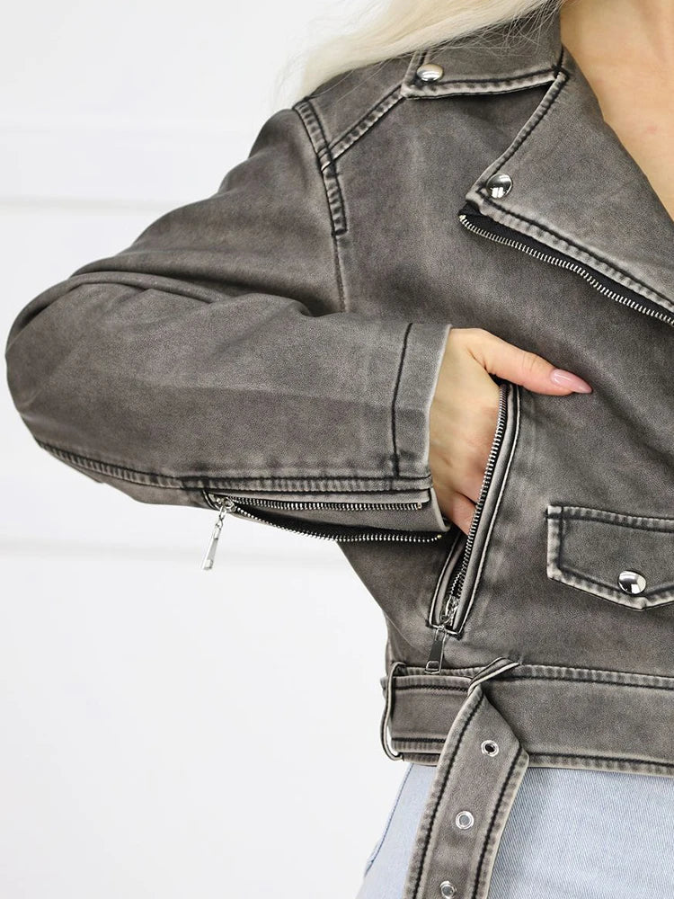 Veste vintage courte en pu faux cuir pour femmes