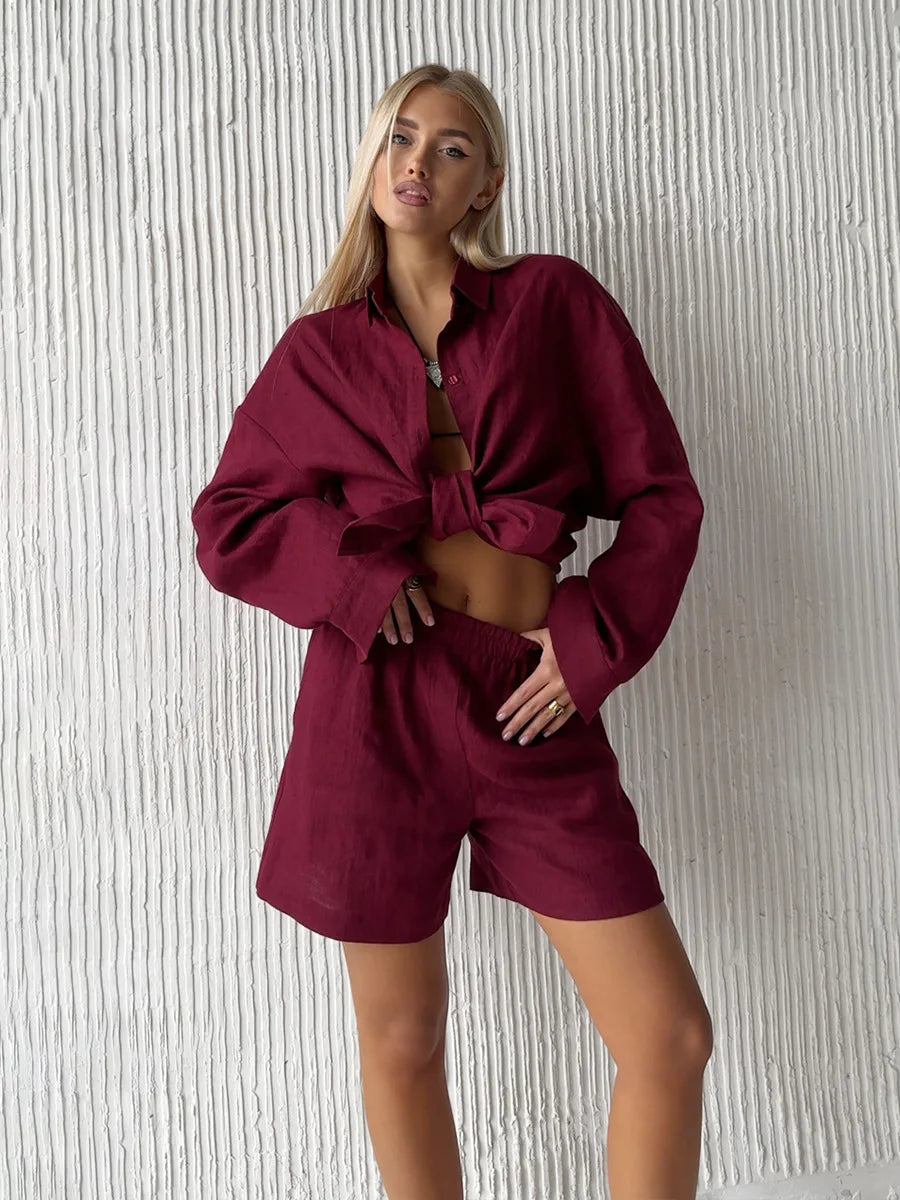 Ensemble de pantalons décontractés et  chemise à manches longues en coton pour femmes