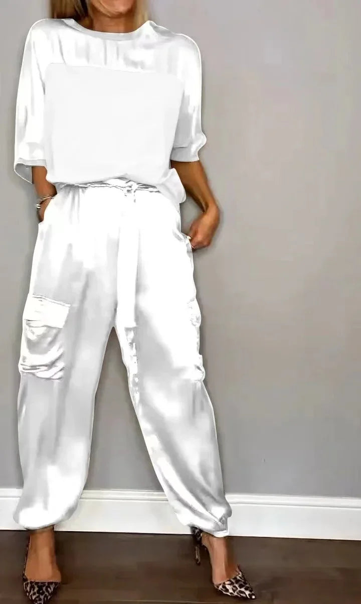 Ensemble deux pièces chemise à manches mi-longues et pantalon décontracté en satin lisse pour femmes
