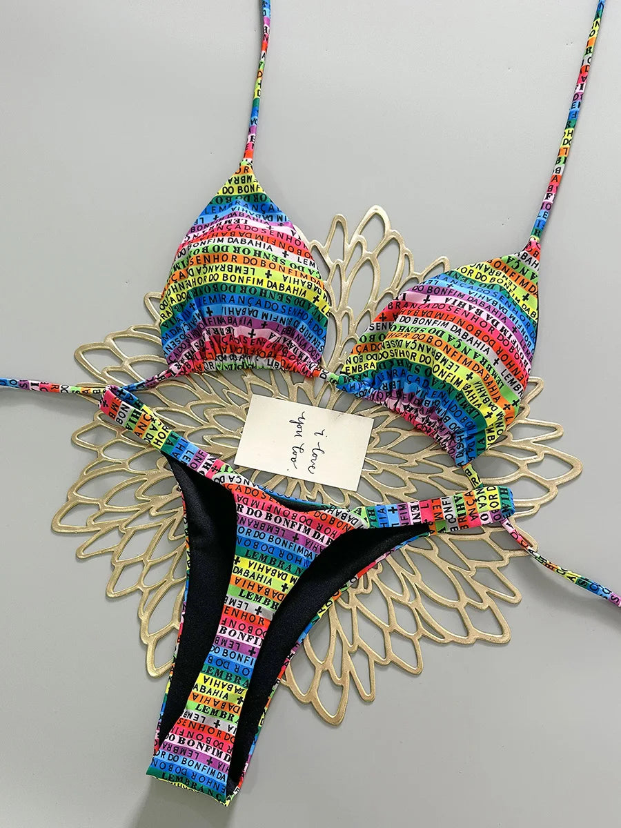 Ensemble de bikini deux pièces micro mini coloré imprimé lettres pour femme