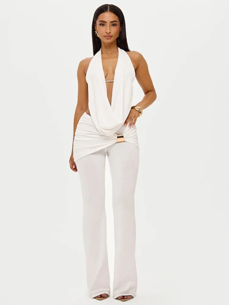 Ensemble pantalon long et haut court dos nu à col V pour femmes