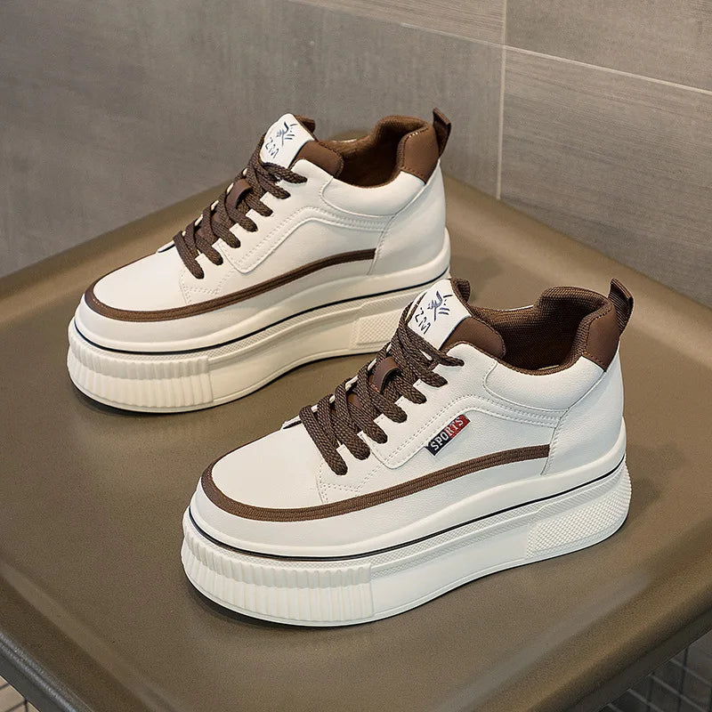 Baskets compensées en cuir véritable pour femmes