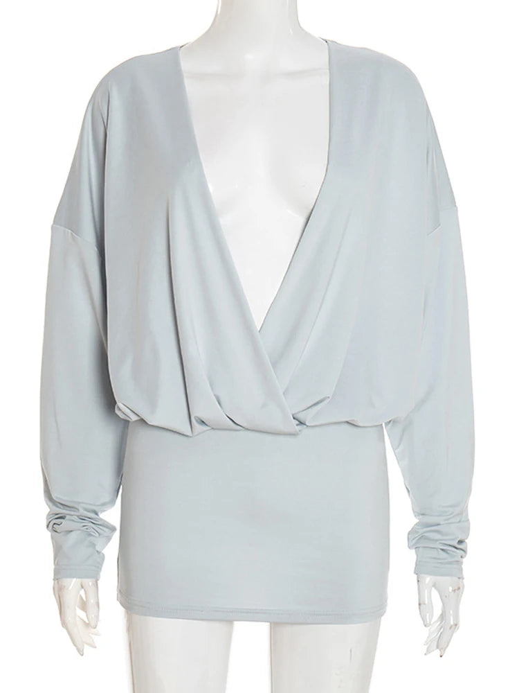 Robe courte décontracté à manches longues drapé pour femmes